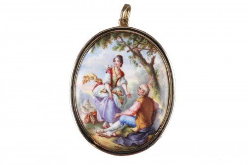 19th century Gold-mounted enamel pendant with pastoral. 