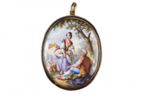 Pendentif or et émail, Scène galante
