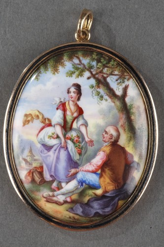 19th century Gold-mounted enamel pendant with pastoral.  - Antique Jewellery Style Napoléon III