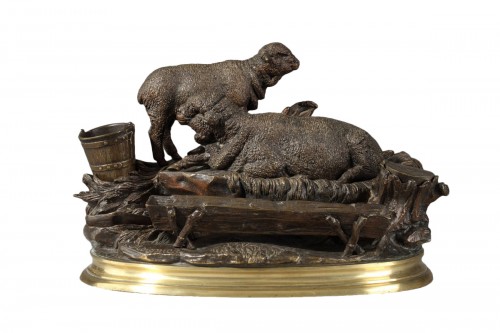 Jules Moigniez (1835-1894) - Les deux moutons, encrier en bronze patiné