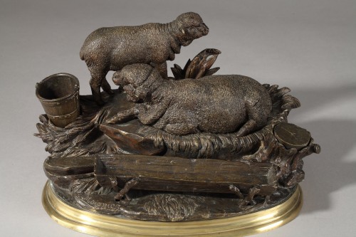 Jules Moigniez (1835-1894) - Les deux moutons, encrier en bronze patiné - Objet de décoration Style Napoléon III