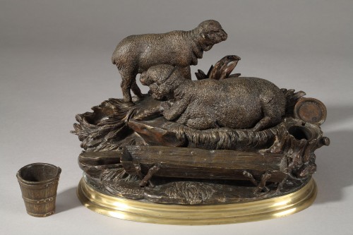 Objet de décoration Encrier - Jules Moigniez (1835-1894) - Les deux moutons, encrier en bronze patiné