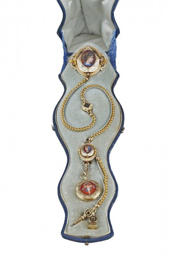 Mid-19th century Gold enamel chatelaine with Frères Junod' watch