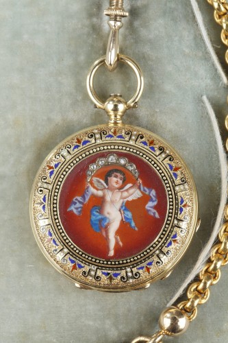 Napoléon III - Mid-19th century Gold enamel chatelaine with Frères Junod&#039; watch