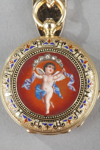 Antiquités - Mid-19th century Gold enamel chatelaine with Frères Junod&#039; watch