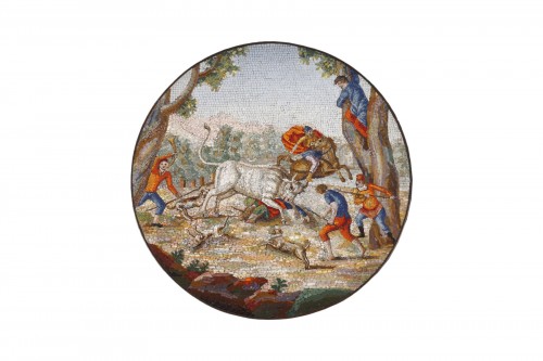 Early 19th century Micromosaic plaque. &quot;Furious bull&quot;. Attributed to Luchin