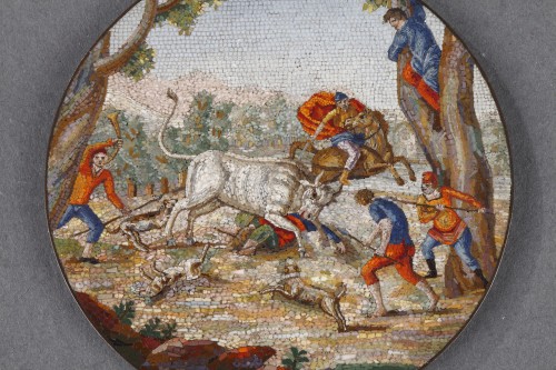 Early 19th century Micromosaic plaque. &quot;Furious bull&quot;. Attributed to Luchin - 