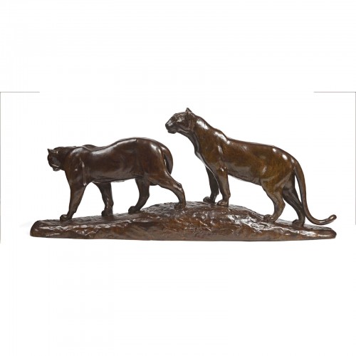 Sculpture Sculpture en Bronze - Louis RICHÉ (1877-1949) - Couple de Cougars