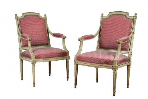 Pair of Louis XVI green lacquered armchairs
