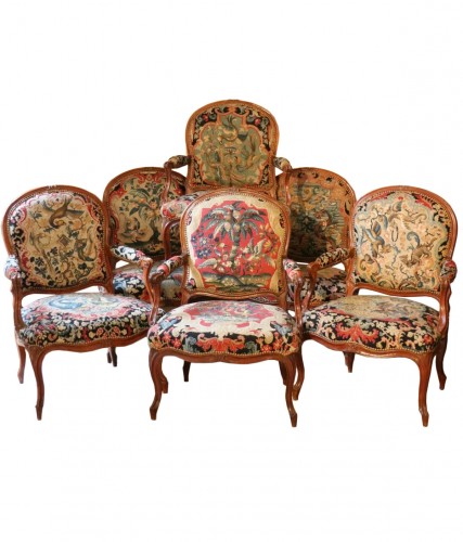 Collection of Six Walnut Armchairs, Stamped by Nadal the Elder