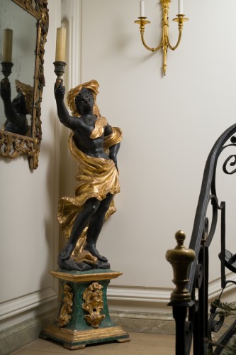 Large pair of carved, gilt, and patinated wooden torchères (candle stands) - Decorative Objects Style Louis XV