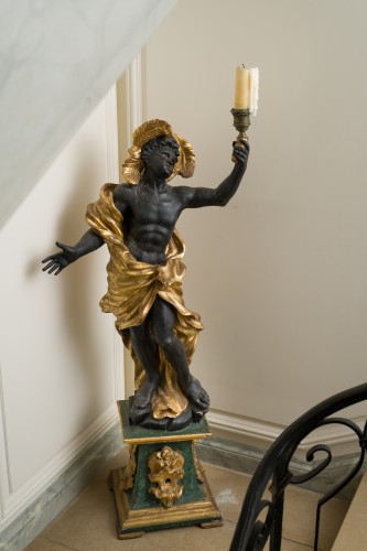 Decorative Objects  - Large pair of carved, gilt, and patinated wooden torchères (candle stands)