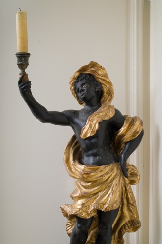 Large pair of carved, gilt, and patinated wooden torchères (candle stands) - 