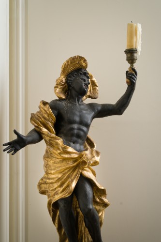 18th century - Large pair of carved, gilt, and patinated wooden torchères (candle stands)