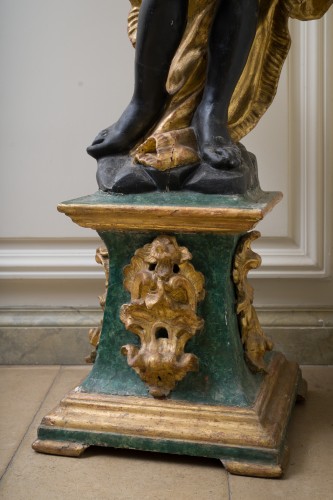 Large pair of carved, gilt, and patinated wooden torchères (candle stands) - Louis XV