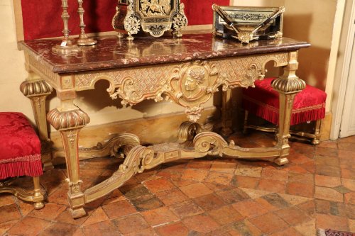 Mobilier Console - Table console en bois doré et marbre, époque Louis XIV