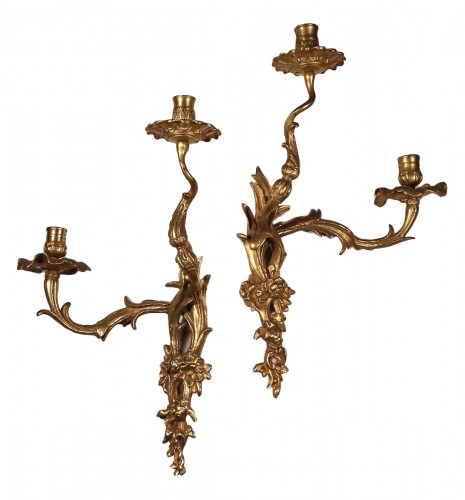 Pair of two branches sconces in gilt bronze
