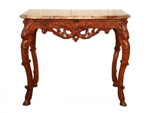 Table console d'époque Régence en chêne et marbre Sarrancolin
