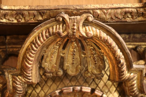 Grande console murale en bois doré représentant un masque de Cérès - Galerie Pellat de Villedon