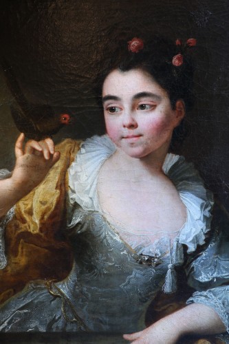 Bust portrait of a young girl with a bird attributed to Robert Levrac-Tournières - Paintings & Drawings Style French Regence