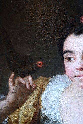 Portrait en buste d’une jeune fille à l’oiseau attribué à Robert Levrac-Tournières - Galerie Pellat de Villedon