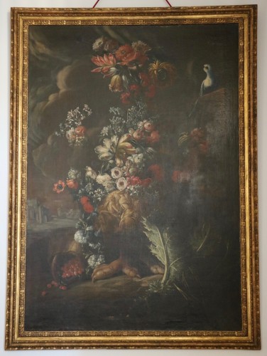 Antiquités - Nature morte représentant un large bouquet attribuée à Andrea Belvedere