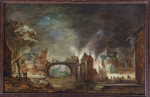 Scène d'incendie nocturne - Atelier de Frans de Momper (1603; 1660) - Tableaux et dessins Style Louis XIII