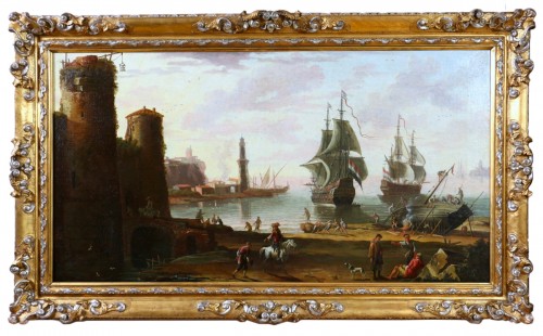 Marine, entrée du port de Rome au XVIIIè, attribué à  Adriaen Manglard (1695-1760) 