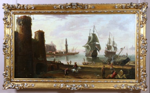 Marine, entrée du port de Rome au XVIIIè, attribué à  Adriaen Manglard (1695-1760)  - Tableaux et dessins Style Louis XV