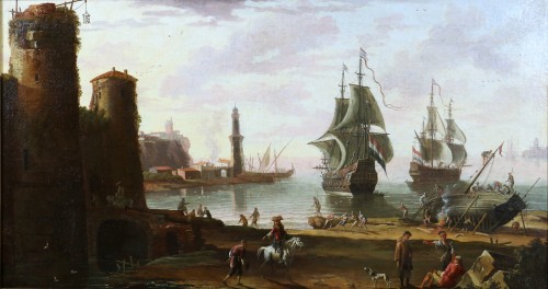Tableaux et dessins Tableaux XVIIIe siècle - Marine, entrée du port de Rome au XVIIIè, attribué à  Adriaen Manglard (1695-1760) 