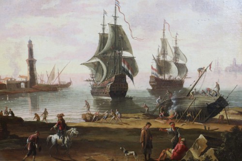 XVIIIe siècle - Marine, entrée du port de Rome au XVIIIè, attribué à  Adriaen Manglard (1695-1760) 