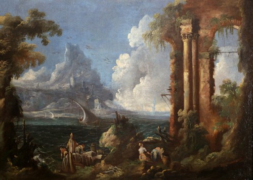 Paysage maritime animé vers 1700, attribué à Antonio Maria Marini (1668-1725)  - Tableaux et dessins Style Louis XIV