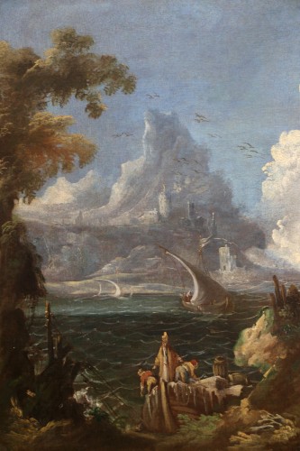 Tableaux et dessins Tableaux XVIIe siècle - Paysage maritime animé vers 1700, attribué à Antonio Maria Marini (1668-1725) 