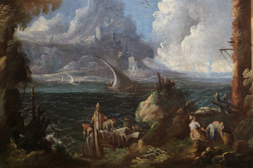 XVIIe siècle - Paysage maritime animé vers 1700, attribué à Antonio Maria Marini (1668-1725) 