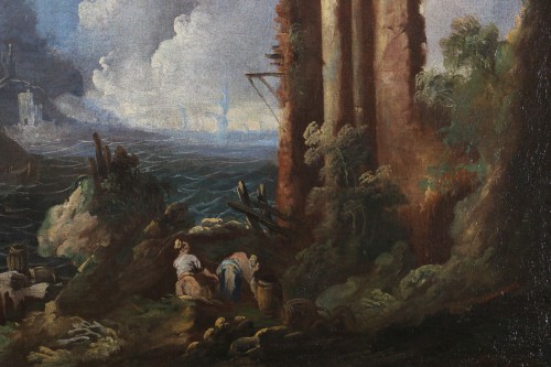 Paysage maritime animé vers 1700, attribué à Antonio Maria Marini (1668-1725)  - Louis XIV