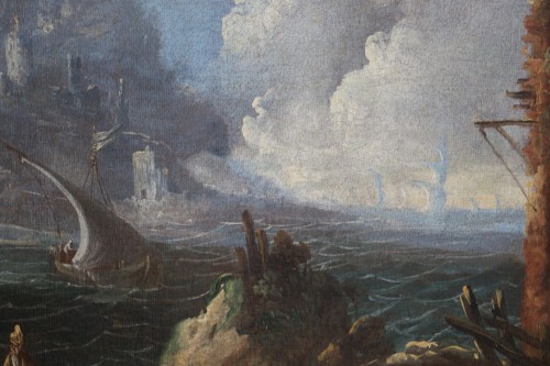 Antiquités - Paysage maritime animé vers 1700, attribué à Antonio Maria Marini (1668-1725) 