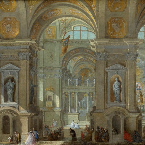 Antiquités - Intérieur d’église - Monogrammé attribué à Pietro Bellotti (1725-1804) 