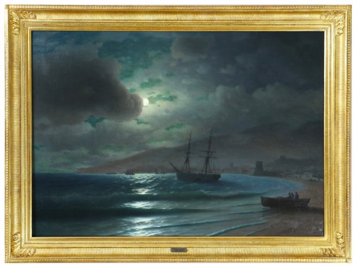 Russian school circa 1880. A bay in Crimea, Feodosia in the moonlight.