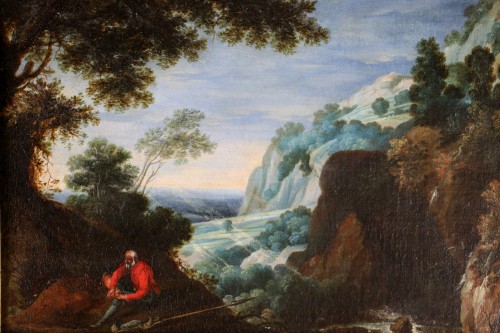 Ecole flamande du 16è siècle, atelier des Brill - Paysage animé d’un homme au repos - Tableaux et dessins Style Renaissance