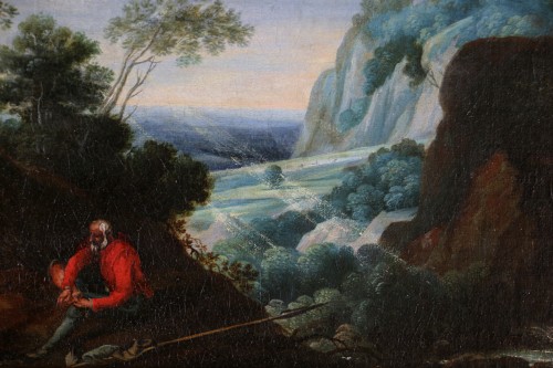 Tableaux et dessins Tableaux XVIe siècle - Ecole flamande du 16è siècle, atelier des Brill - Paysage animé d’un homme au repos