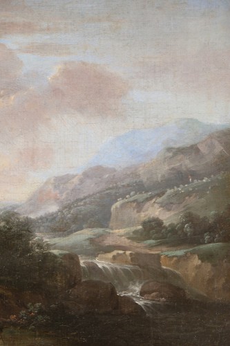 Tableaux et dessins Tableaux XVIIIe siècle -  Paysage animé et capriccio à Tivoli, Ecole romaine du 18è siècle