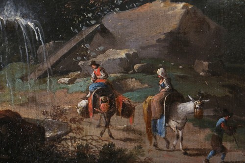 XVIIIe siècle -  Paysage animé et capriccio à Tivoli, Ecole romaine du 18è siècle