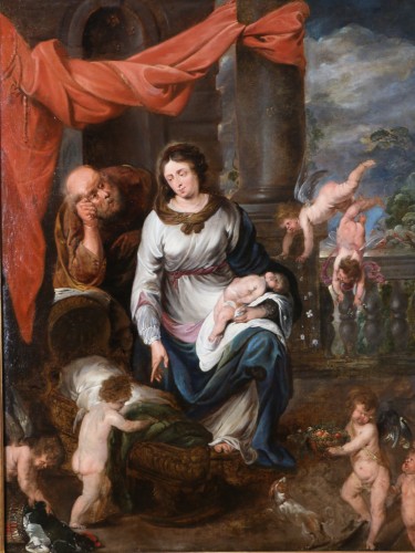 Le repos de la sainte famille, attribué à Jan van den Hoecke (1611 – 1651) - Tableaux et dessins Style Louis XIII