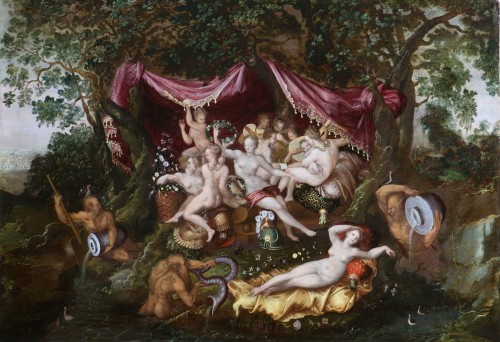 Paintings & Drawings  - Minerva visiting the 9 muses, attributed to Adriaen van Stalbernt (1580-1662) 