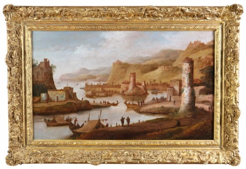 Dirck Vheraert (1610-1680) signé DVH. Grand paysage animé, capriccio maritime.