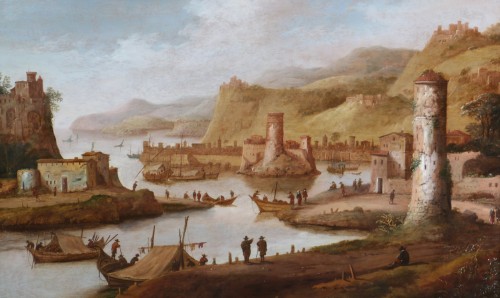 Dirck Vheraert (1610-1680) signé DVH - Grand paysage animé, capriccio maritime - Tableaux et dessins Style Louis XIII