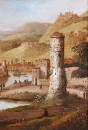Tableaux et dessins Tableaux XVIIe siècle - Dirck Vheraert (1610-1680) signé DVH - Grand paysage animé, capriccio maritime