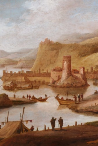 Dirck Vheraert (1610-1680) signé DVH - Grand paysage animé, capriccio maritime - Galerie PhC