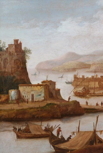 XVIIe siècle - Dirck Vheraert (1610-1680) signé DVH - Grand paysage animé, capriccio maritime