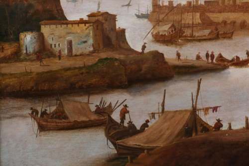Louis XIII - Dirck Vheraert (1610-1680) signé DVH - Grand paysage animé, capriccio maritime